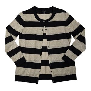Ann Taylor Gold & Black Stripe Merino Wool Blend Metallic Lightweight Cardigan